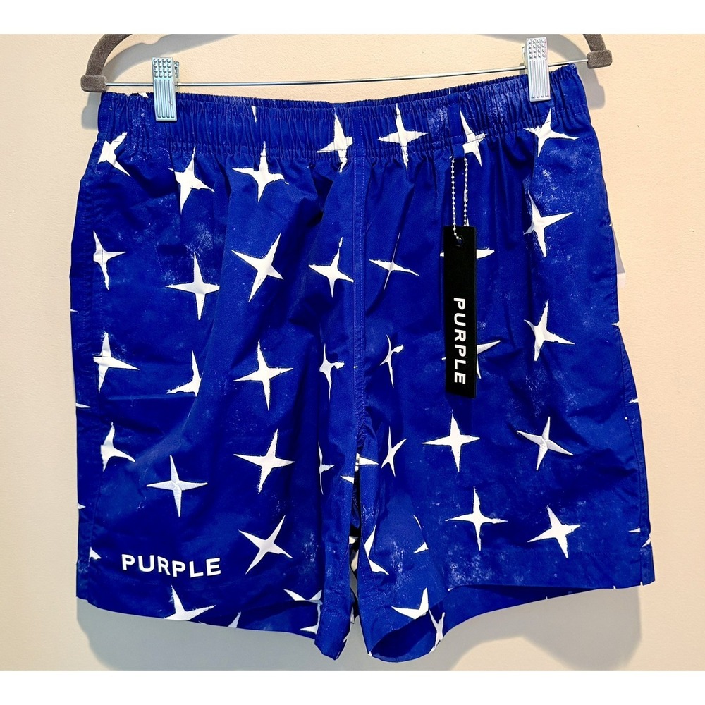 Purple Brand Men's Swim Shorts Large Blue White Logo Trunks P504-PBWS225-MULTI